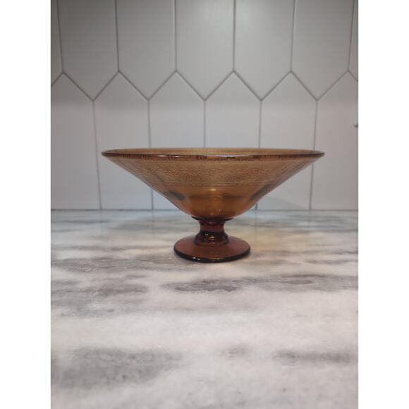 Amber‎ Glass Pedestal Bowl with Etched Edge, Floral Design, Vintage Centerpiece - Picture 5 of 10